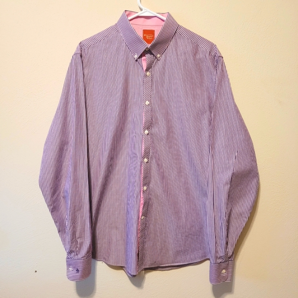 Penguin Shirt Mens Size‎ L Pink Blue Striped Casual Button Up Long Sleeve